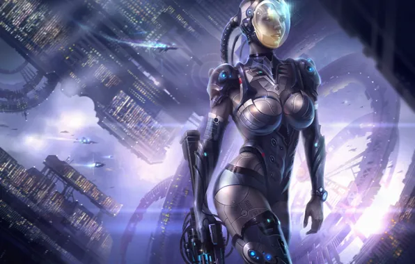 Picture girl, space, weapons, ships, station, the suit, art, helmet