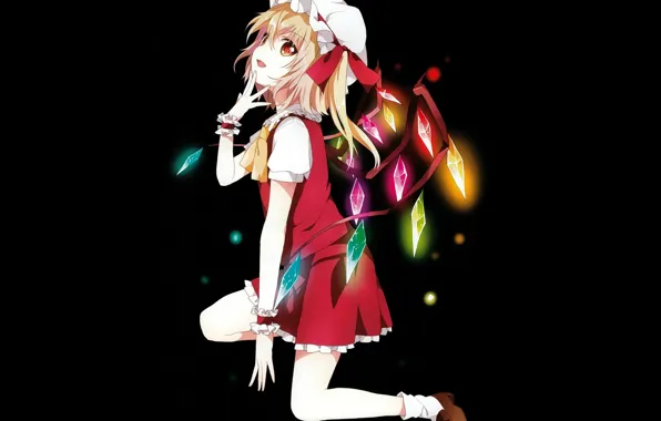 Wings, crystals, black background, cap, touhou, art, flandre scarlet, Namori