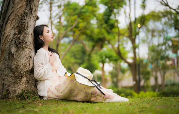 Girl, Asian, sitting, bokeh, the tree