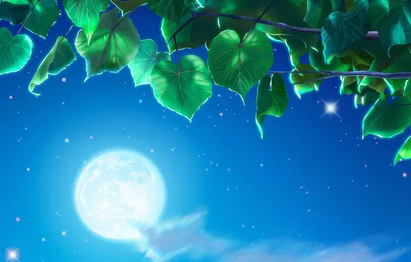 The sky, leaves, night, tree, the moon, foliage, art, Yutaka Kagaya