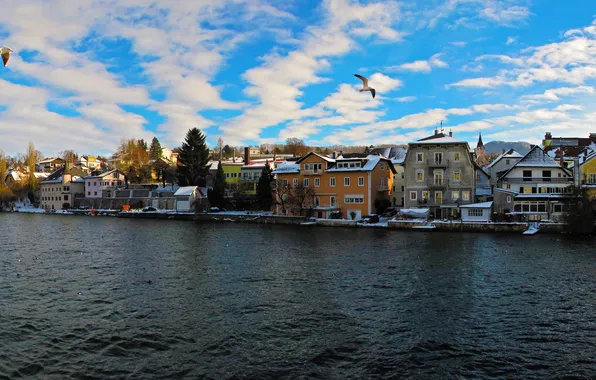 Picture the sky, the city, river, photo, seagulls, home, Austria, Gmunden