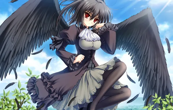 Picture summer, the sun, angel girl with black wings