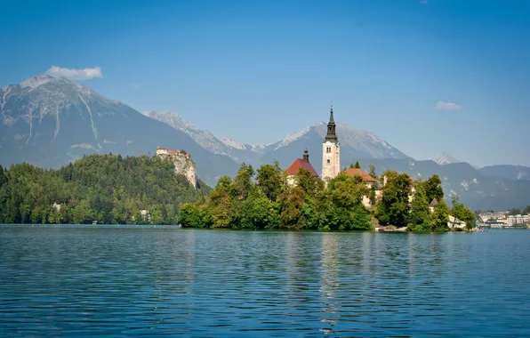 The sky, mountains, the city, lake, island, tower, Church, Slovenia