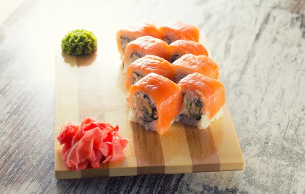 Picture dish, rolls, filling, Japanese cuisine, ginger, red fish
