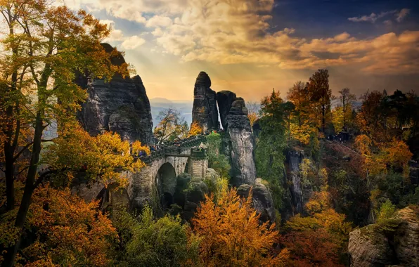 Autumn, trees, people, rocks, Germany, Saxony, Bataiskiy bridge