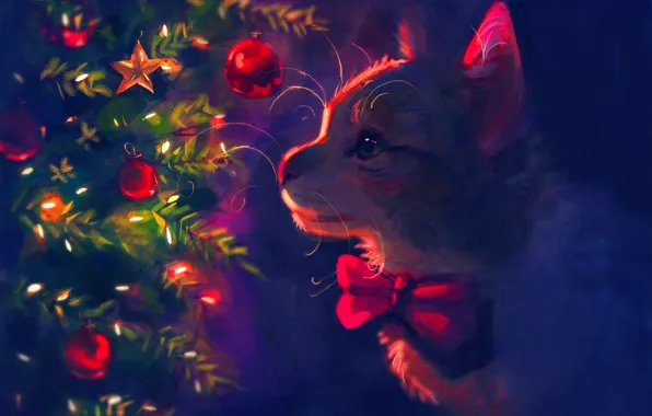 Cat, toys, tree, new year, by Meorow