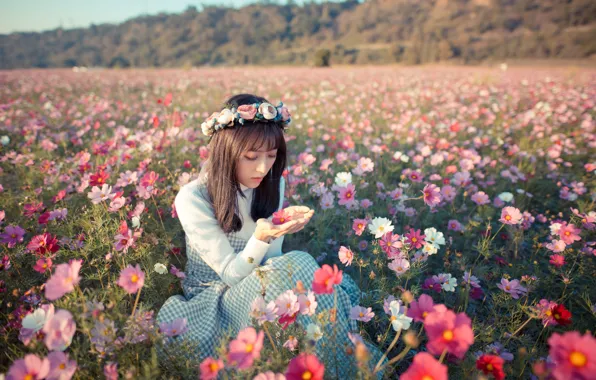 Field, girl, flowers, mood, meadow, Asian, wreath, kosmeya
