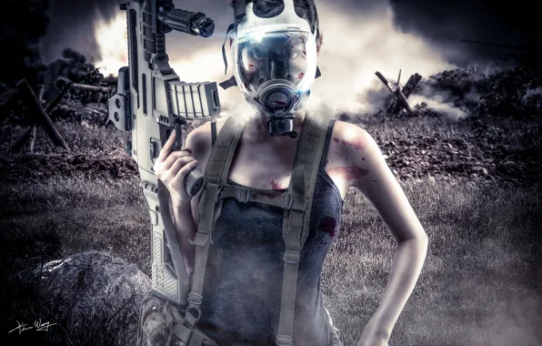 Girl, machine, gas mask