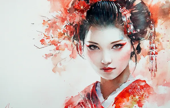 Look, girl, flowers, geisha, Asian, light background, in red, imitation painting