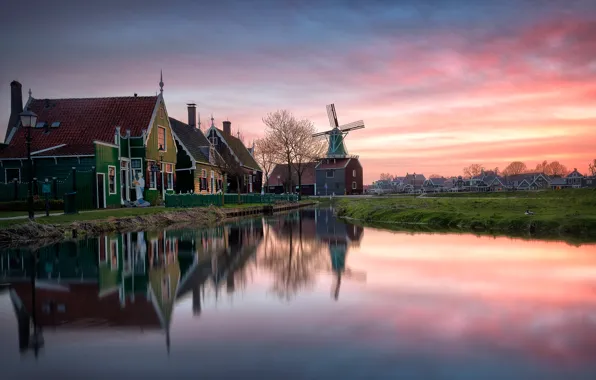 Sunset, reflection, home, mill, Netherlands
