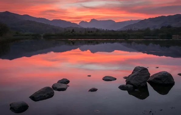 Picture the sky, landscape, sunset, mountains, reflection, stones, the evening, pond