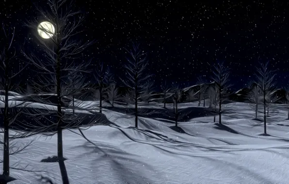 Winter, snow, night, rendering, the moon, silence, frost, shadows