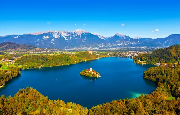Autumn, trees, mountains, lake, island, home, Church, panorama