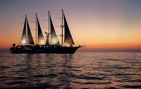 The ocean, ship, the evening, lighting, sails, megayacht, mast, superyacht