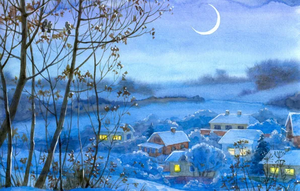 Winter, Figure, Trees, Village, Painting, Crescent