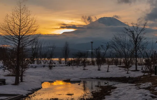 Picture the sky, water, clouds, snow, trees, mountain, Winter