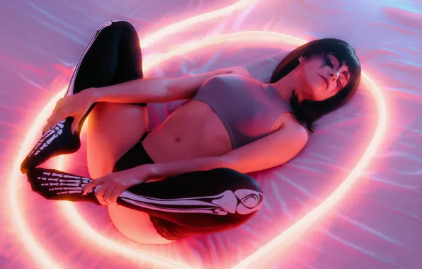 Light, neon, stockings, brunette, topic, legs, cosplay, AlessaGoreng