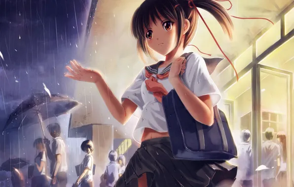 Girl, rain, umbrella, anime, art, form, school, students