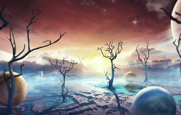 The sky, trees, mountains, balls, planet, astronaut