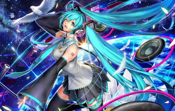 Girl, space, birds, earth, headphones, speakers, vocaloid, hatsune miku