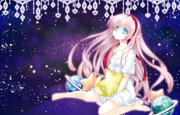 Girl, stars, planet, a month, pillow, art, tape, vocaloid