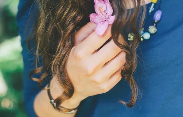 Picture flower, pink, hair, hand, petals, curls