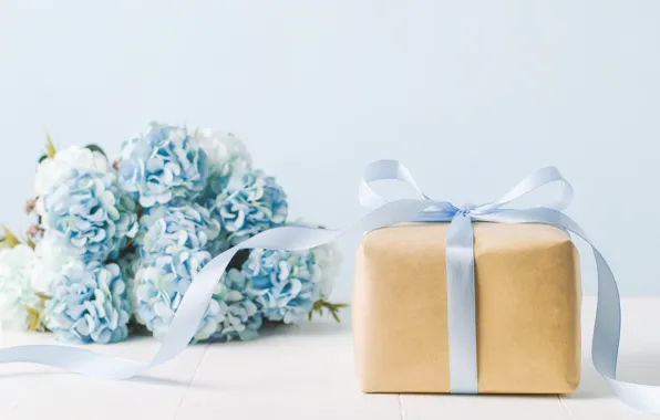 Flowers, gift, bouquet, tape, box, blue, flowers, gift