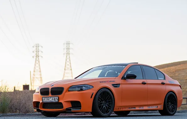 The sky, bmw, BMW, front view, f10, Mat orange, orange matte