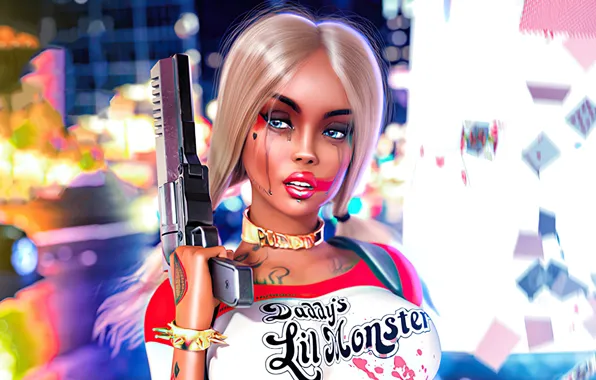 Gun, art, blonde, blue eyes, cosplay, Harley Quinn, Cosplay