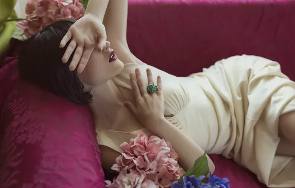 Girl, flowers, sofa, hands, dress, lipstick, brunette, ring