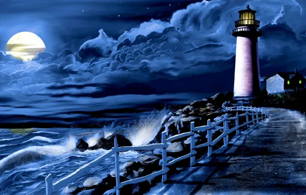 Sea, wave, clouds, night, the moon, lighthouse, track, surf