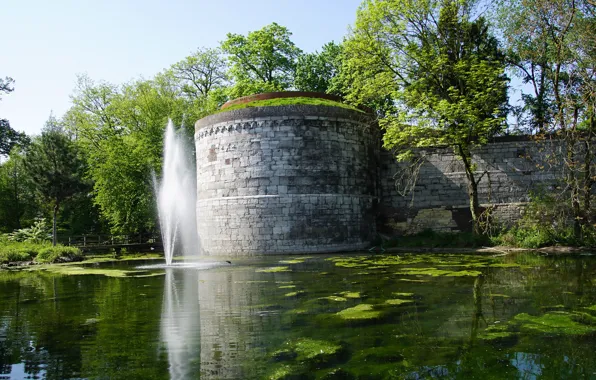 Picture greens, the sun, trees, pond, Park, wall, fountain, Netherlands