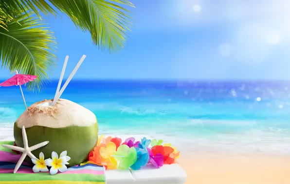 Sand, sea, beach, summer, the sky, flowers, palm trees, shore