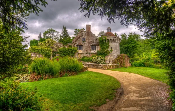 Picture road, the sky, clouds, trees, clouds, overcast, England, architecture