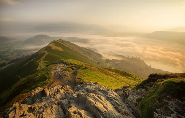 Grass, the sun, trees, mountains, fog, stones, dawn, England