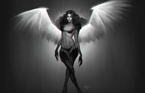 Girl, wings, art, black and white, monochrome, harpy