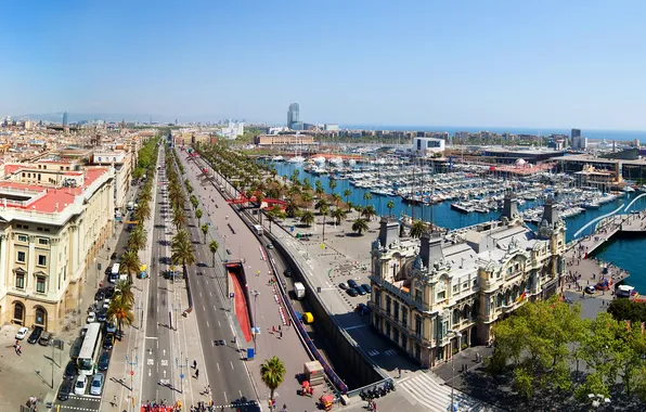 Road, palm trees, home, boats, Spain, promenade, street, Barcelona