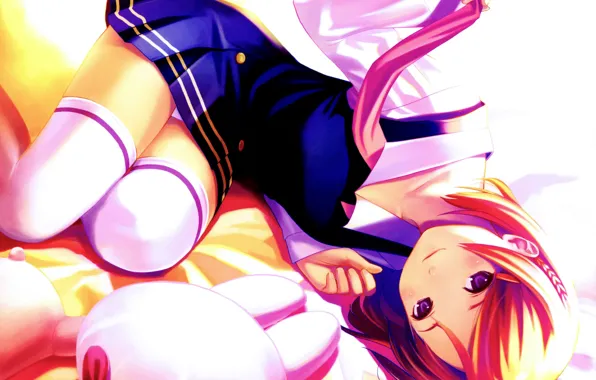 Schoolgirl, on the floor, lying on his side, white stockings, plush Bunny, by koutaro
