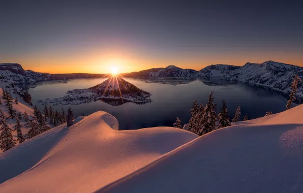 Winter, snow, sunset, lake, Oregon, the snow, Oregon, Crater Lake