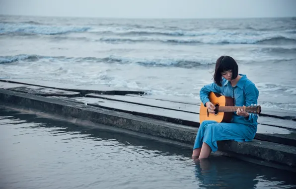 Sea, girl, guitar, pier, Asian