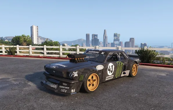 Black, the fence, Mustang, Ford, skyscrapers, the bushes, 1965, GTA 5