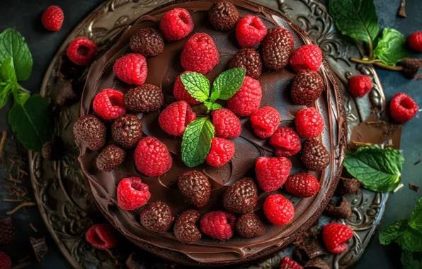 Berries, raspberry, rendering, chocolate, pie, cake, mint, cream