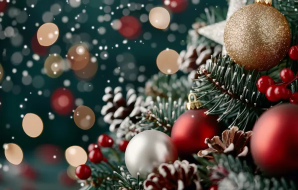 Balls, Christmas, New year, needles, bumps, bokeh, AI art, neural network