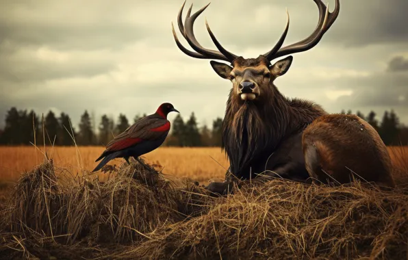 Picture nature, bird, deer, AI art, neural network