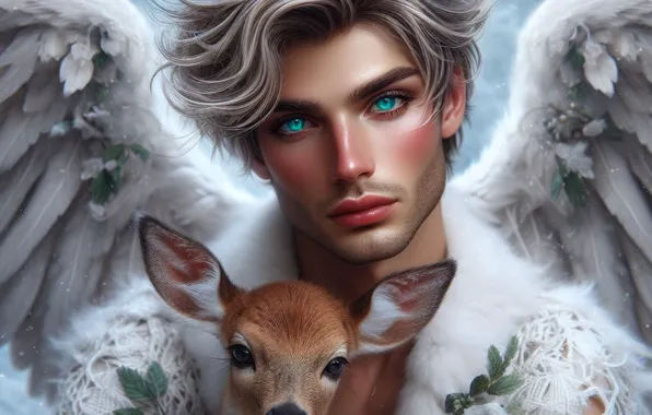 Winter, snow, portrait, deer, the young man, AI art, neural network