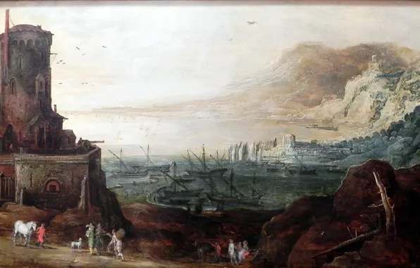 Jan Brueghel, Port landscape fortifications, Joos DeMomper, 1610-1620