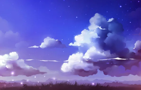The sky, grass, stars, clouds, landscape, figure, art, artist