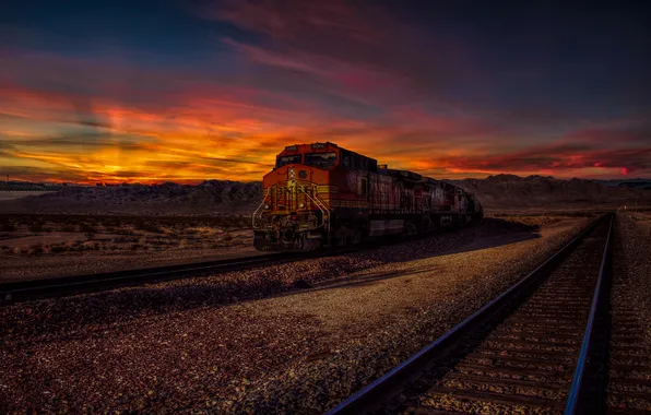 Sunset, train, railroad