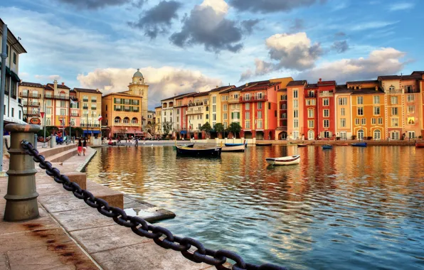 City, sky, sea, Italy, clouds, houses, boat, building