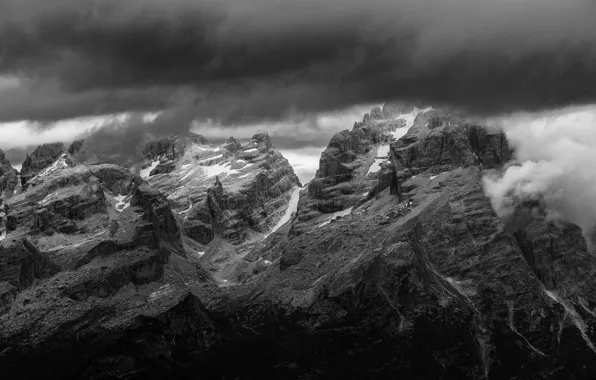 Picture the sky, mountains, clouds, nature, rocks, black and white, monochrome, monochrome